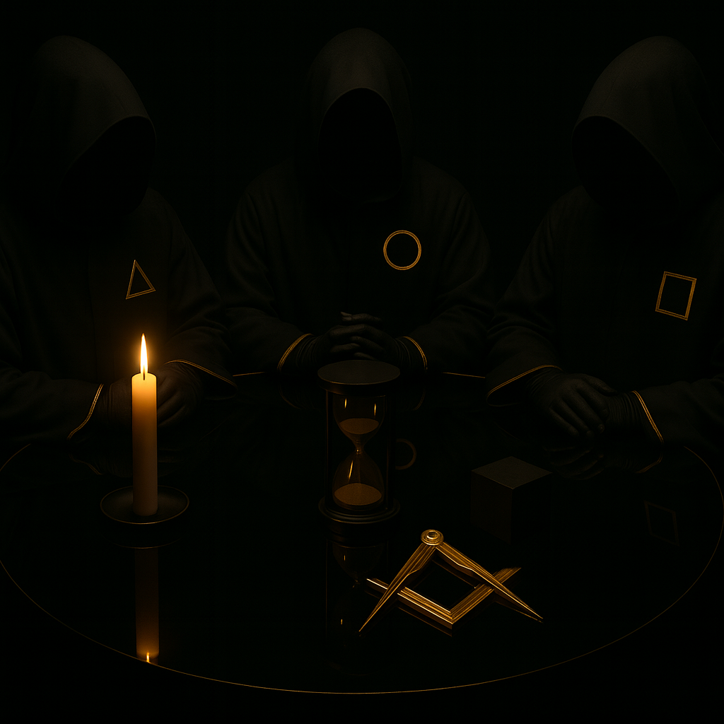 Builders in black robes seated at a round black mirror table; candle, hourglass, black cube, and the golden square & compass on the table; small triangle, square, and circle emblems on robes.
